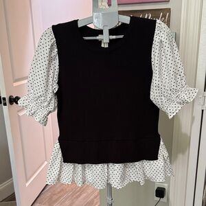 Greige Black Top with White Polka Dot Ruffle Sleeves